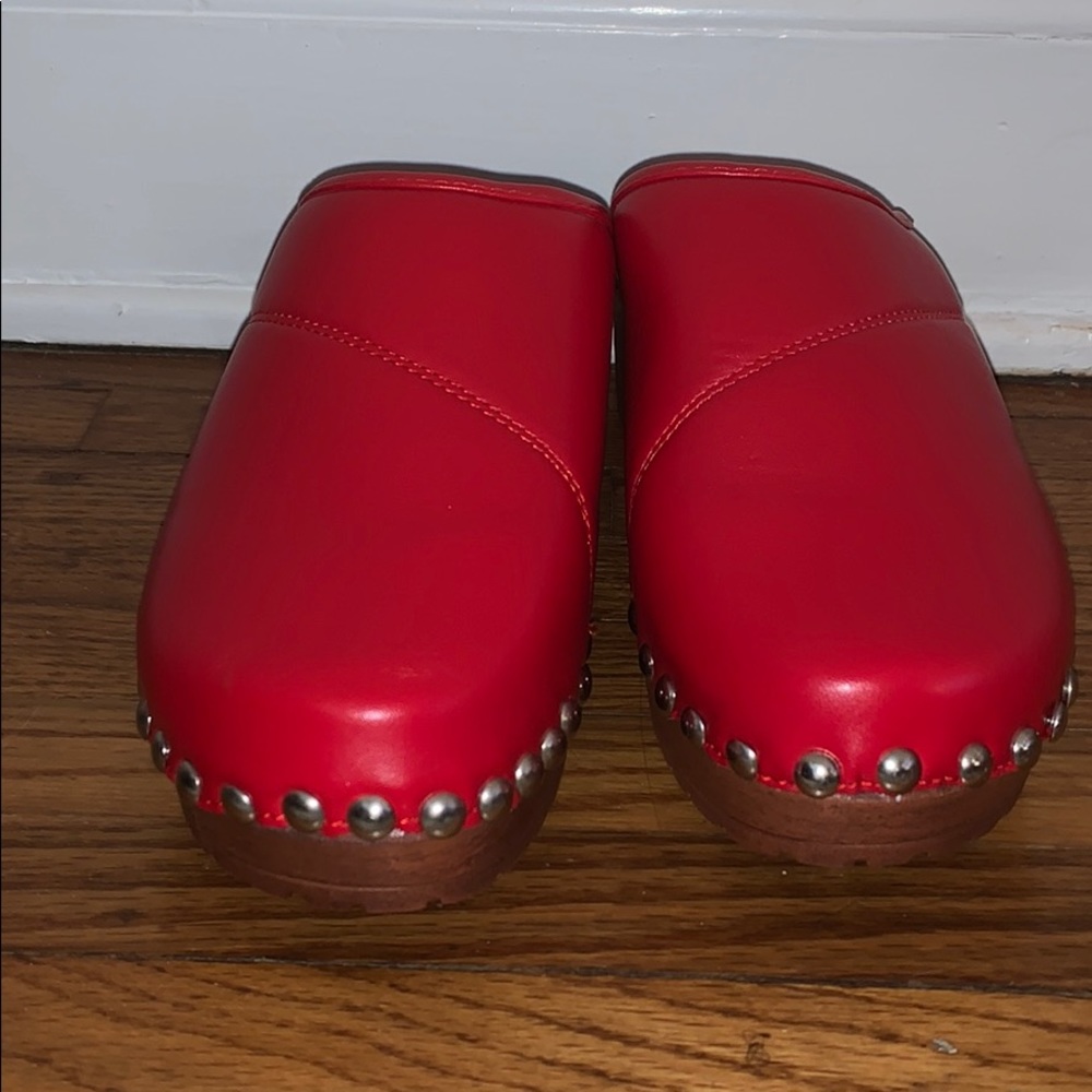 Red faux leather faux wooden mules/clogs.. worn 1x